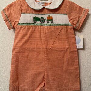 Petit Ami Orange Check Pumpkin Tractor Smocked Boys Romper 12 Months